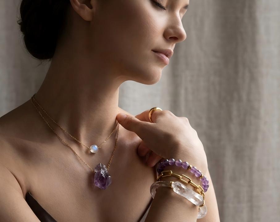 Woman wearing amethyst and moonstone pendant necklaces with amethyst and clear quartz crystal bracelets