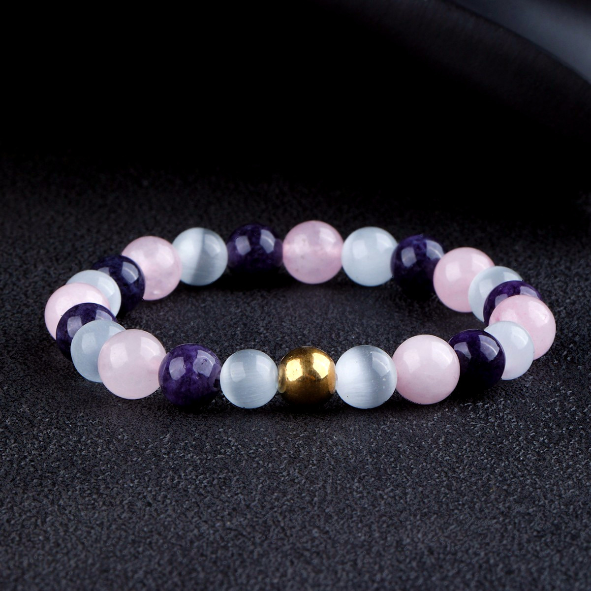 Handcrafted Cat's Eye Beaded Bracelet with Gold Accent