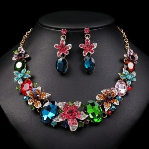 Vintage Crystal Floral Statement Necklace & Earrings Jewelry Set