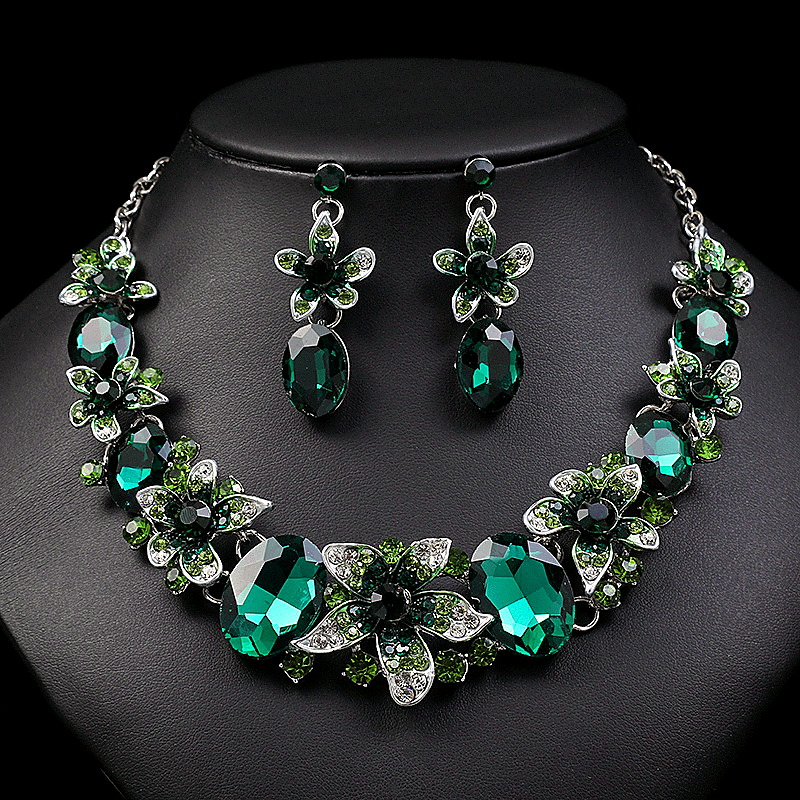 Vintage Crystal Floral Statement Necklace & Earrings Jewelry Set - Image 2