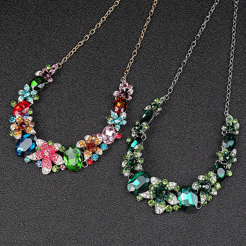Vintage Crystal Floral Statement Necklace & Earrings Jewelry Set - Image 4