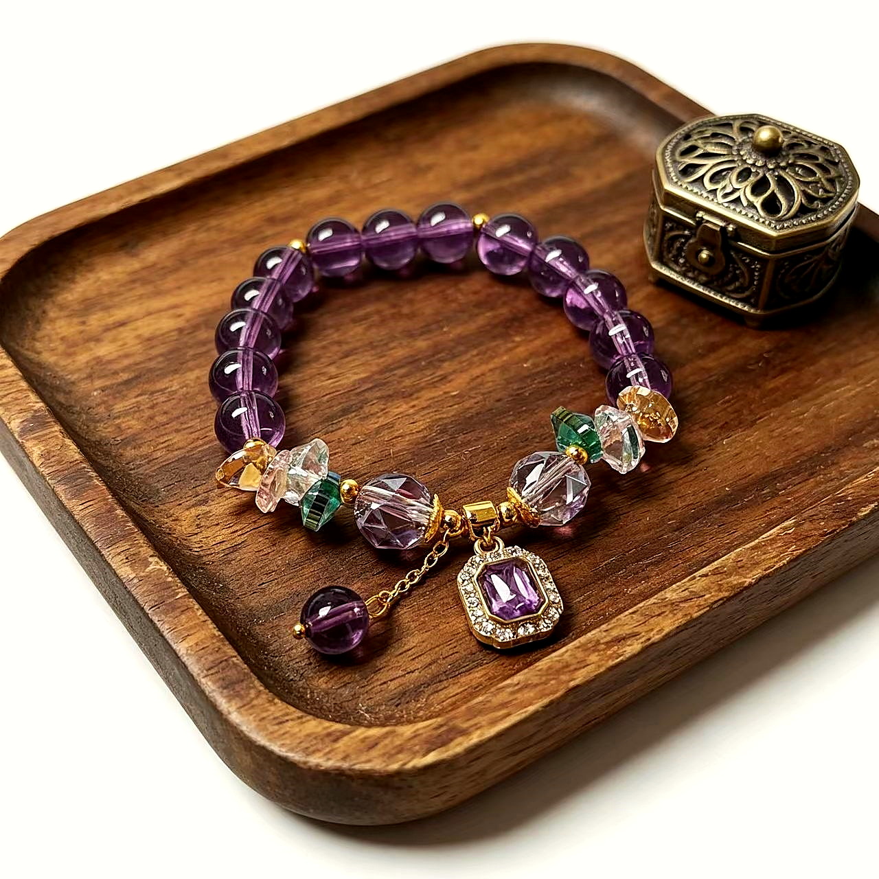 Light Purple Beaded Bracelet with Geometric Zircon Charm - Image 2