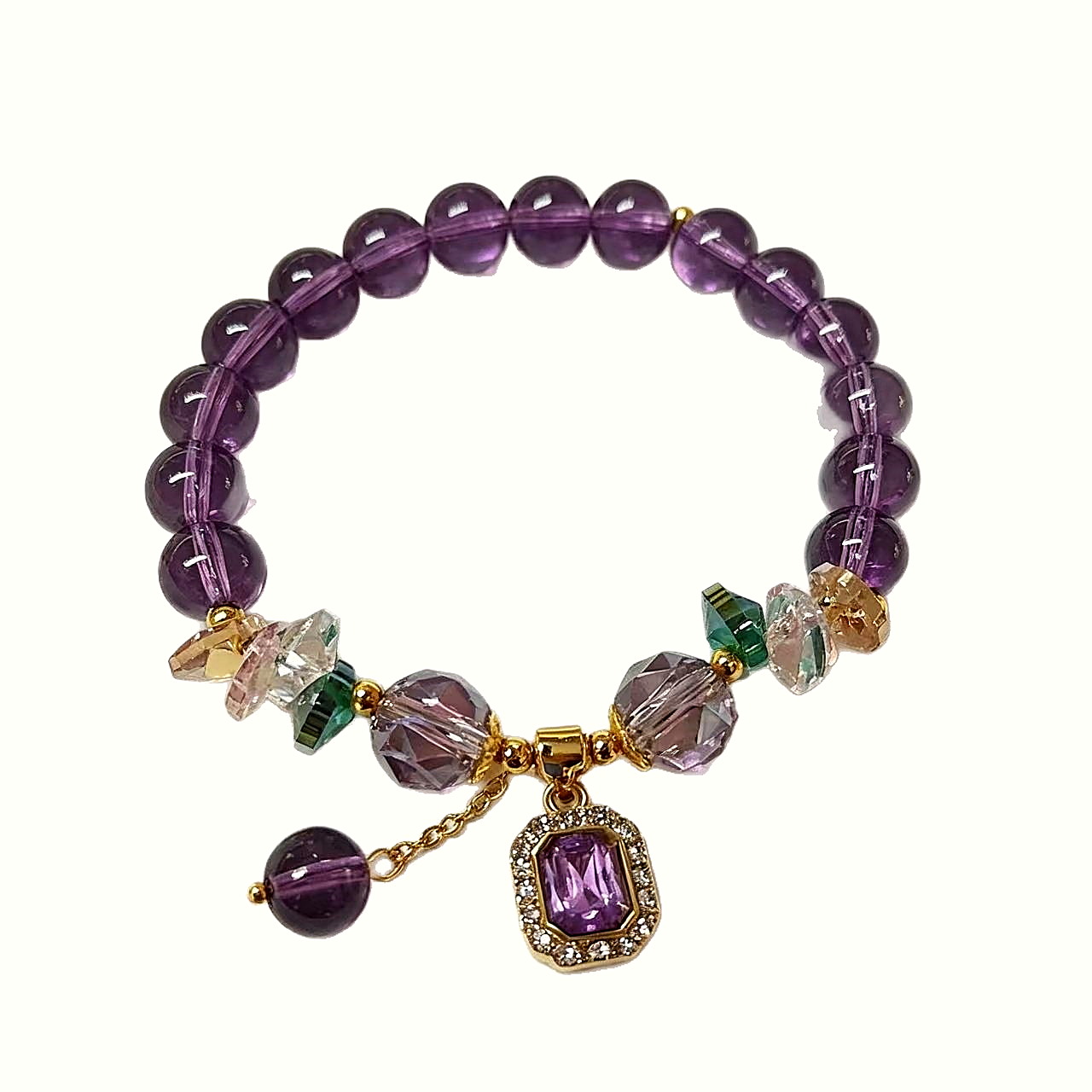Light Purple Beaded Bracelet with Geometric Zircon Charm - Image 5