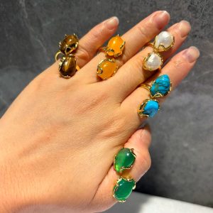 Teardrop Natural Stone Wrap Ring, Gold-Plated, French Vintage Style