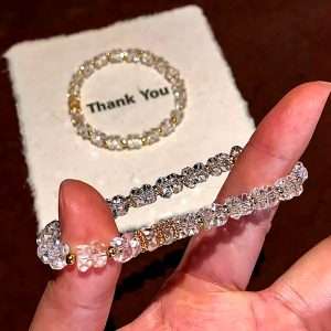 Faceted Clear Crystal Stretch Bracelet with Gold Accents