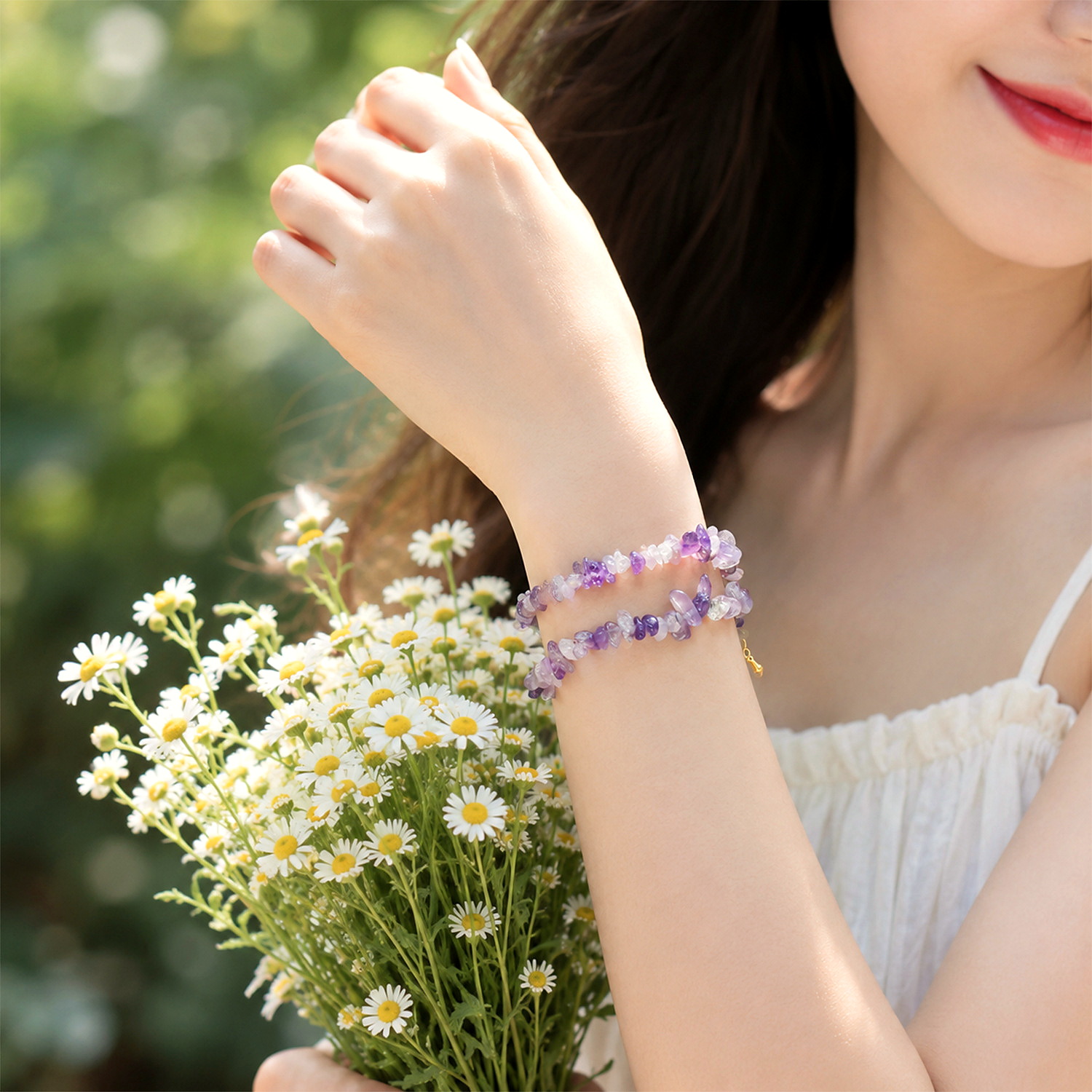 Double-Layer Natural Amethyst Beaded Bracelet - Image 2