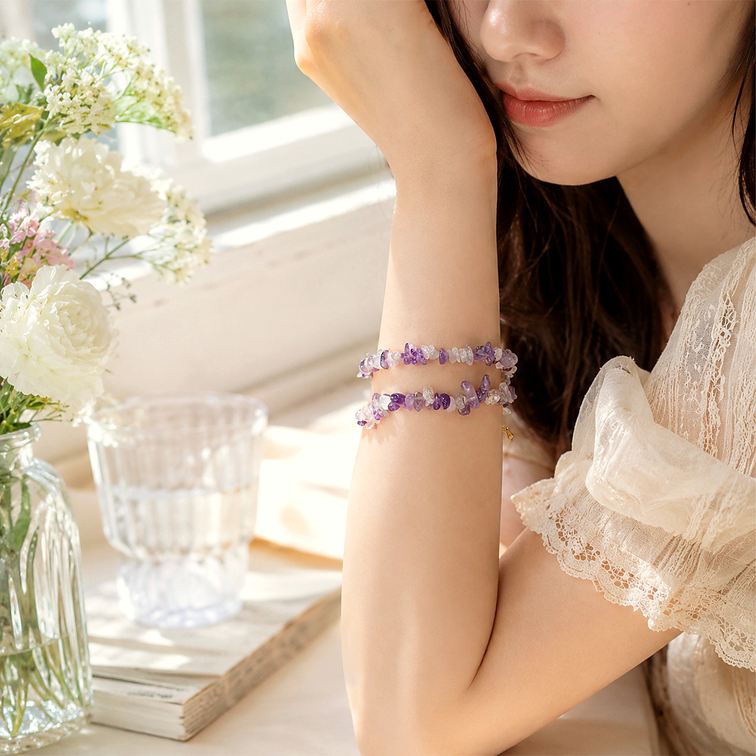 Double-Layer Natural Amethyst Beaded Bracelet - Image 3