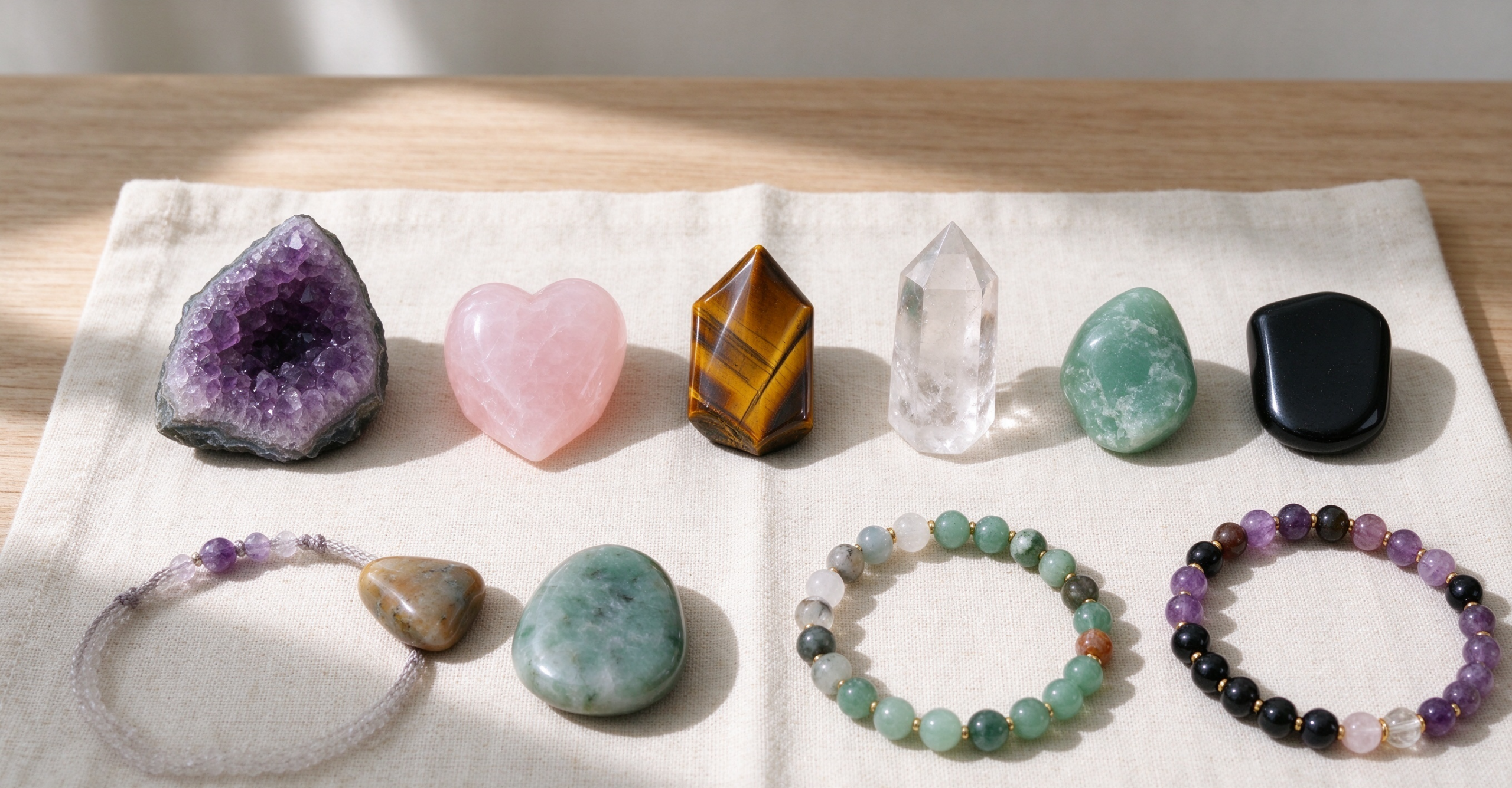 Amethyst, rose quartz, tiger eye, clear quartz, aventurine and obsidian crystals with bead bracelets on linen