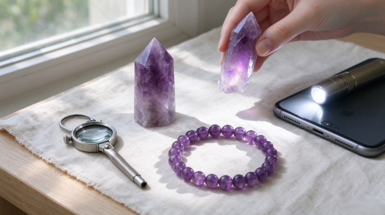 Amethyst point held up to window light to show natural color zoning