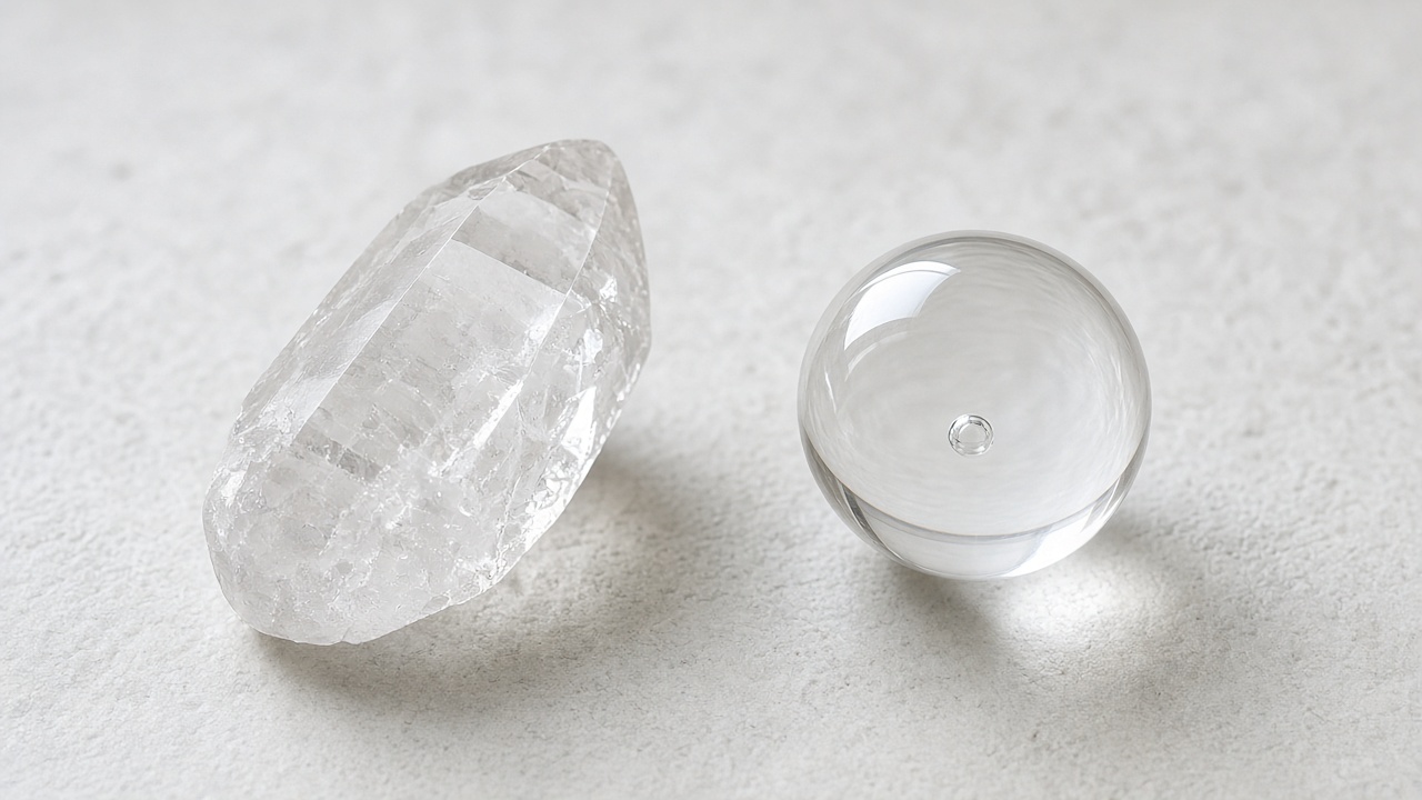 Clear quartz crystal point next to a clear glass bead for comparison