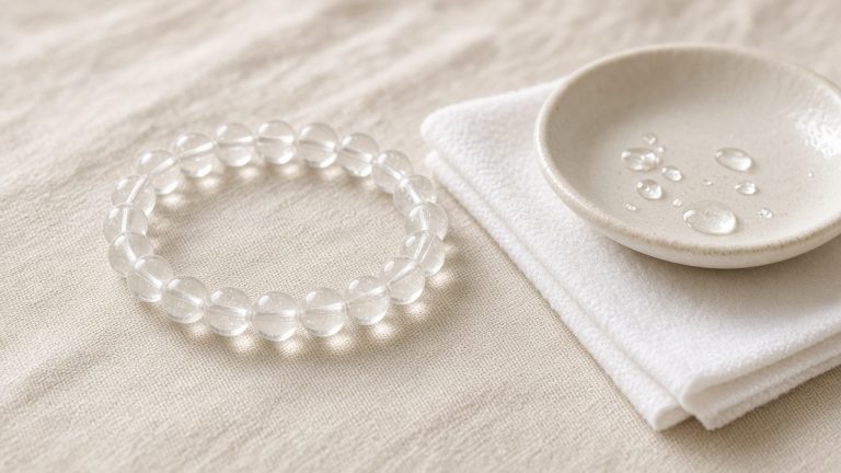 Clear crystal beaded bracelet with soft cloth and water droplets for cleaning care