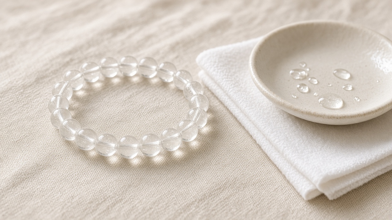 Clear crystal beaded bracelet with soft cloth and water droplets for cleaning care