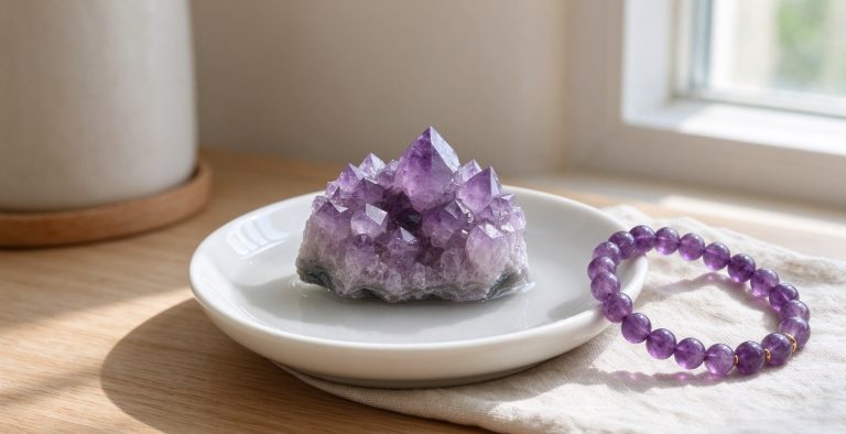 Raw amethyst cluster on a white dish beside an amethyst bead bracelet