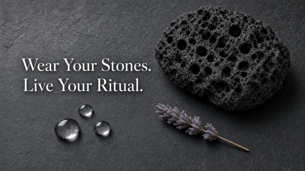 Black lava stone with lavender sprig and water drops on slate - Wear Your Stones. Live Your Ritual.