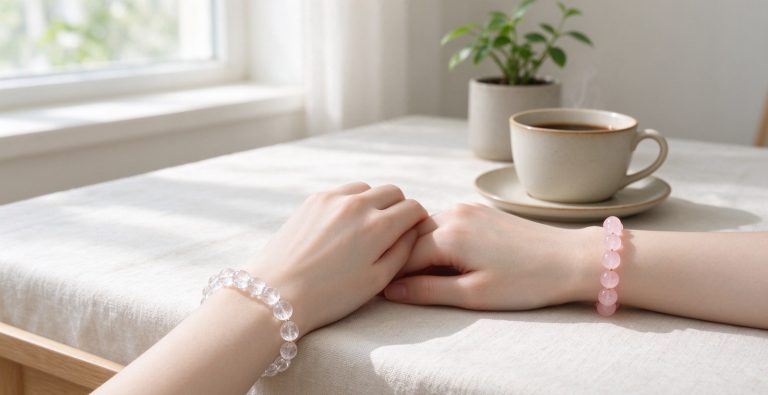 Clear quartz bracelet on left wrist and rose quartz bracelet on right wrist
