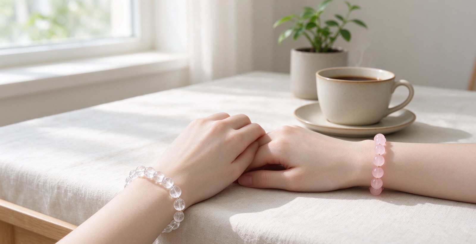 Clear quartz bracelet on left wrist and rose quartz bracelet on right wrist